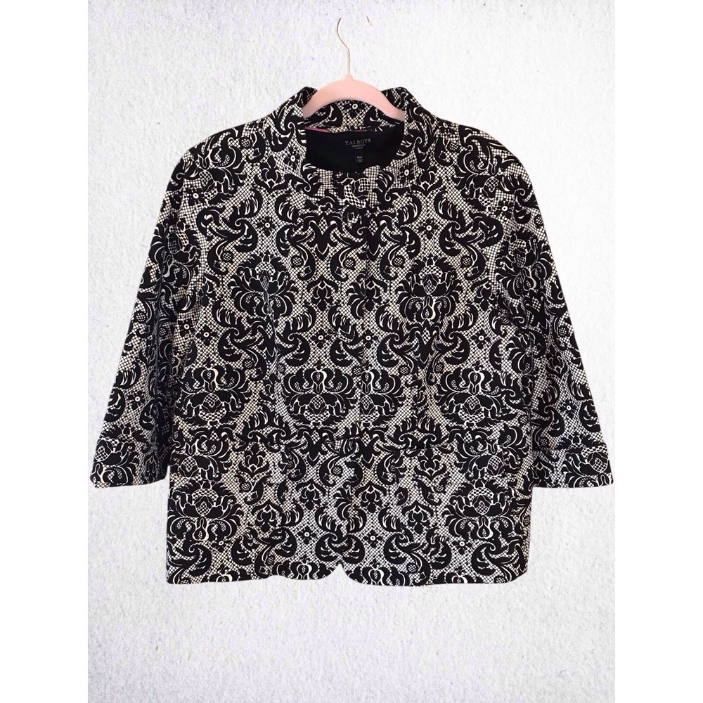 Womens Jacket-TALBOTS-black/ivory damask print cotton lined artsy classic-14W